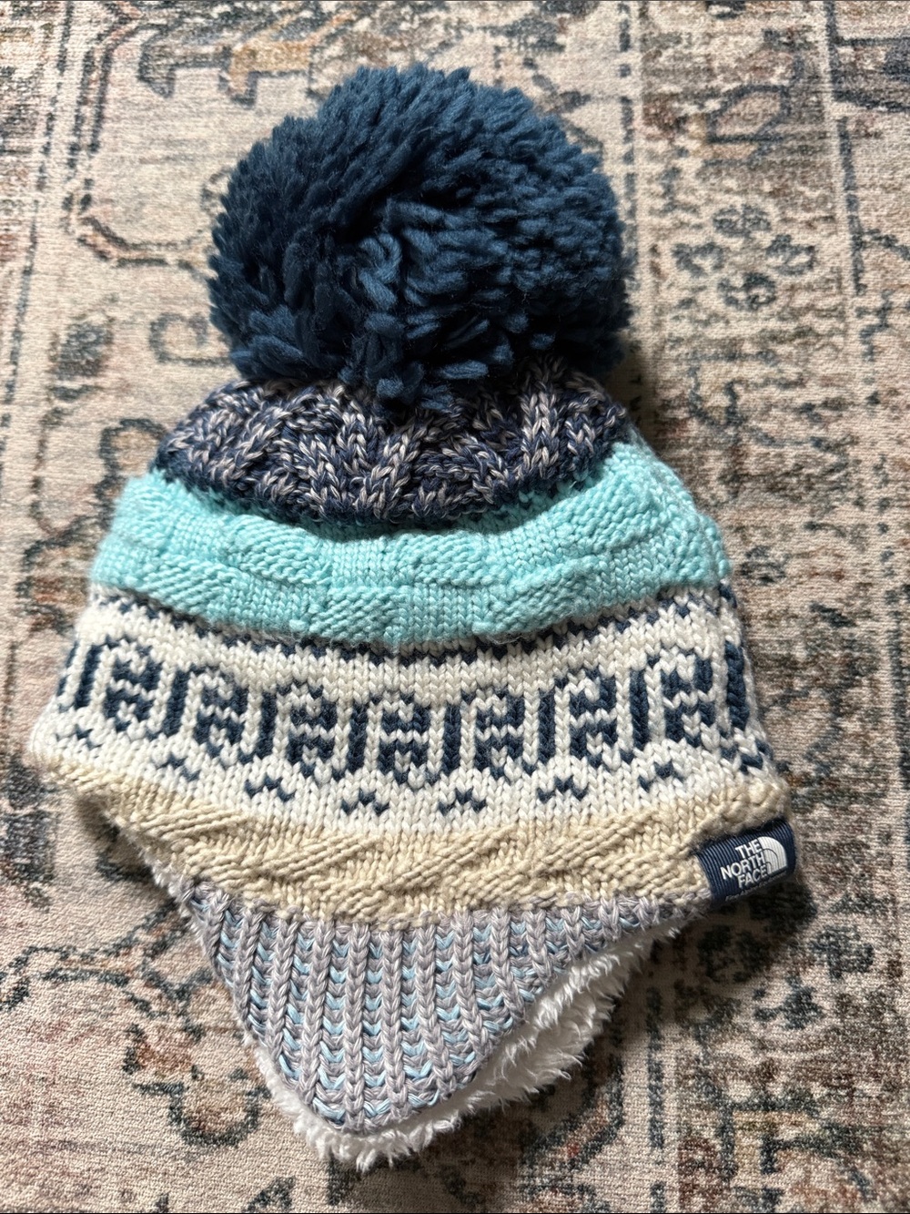 The North Face Kids Navy, Teal & Cream Pom Earflap Beanie